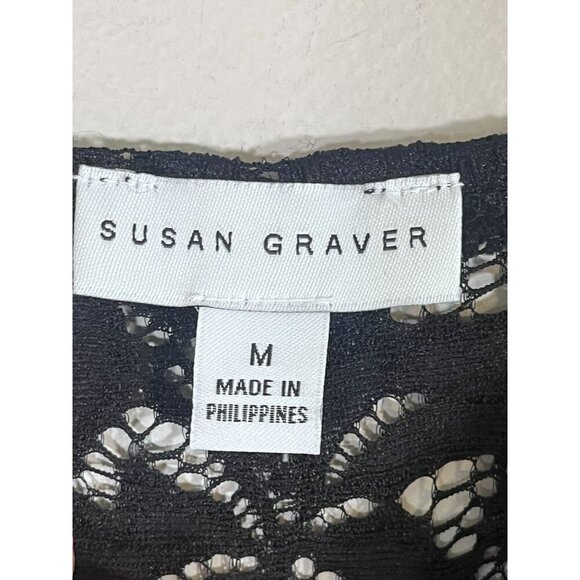 Susan Graver Floral Sheer Top M Black Lace Mesh Chic Minimalist Retro Boho 80s - Picture 2 of 9